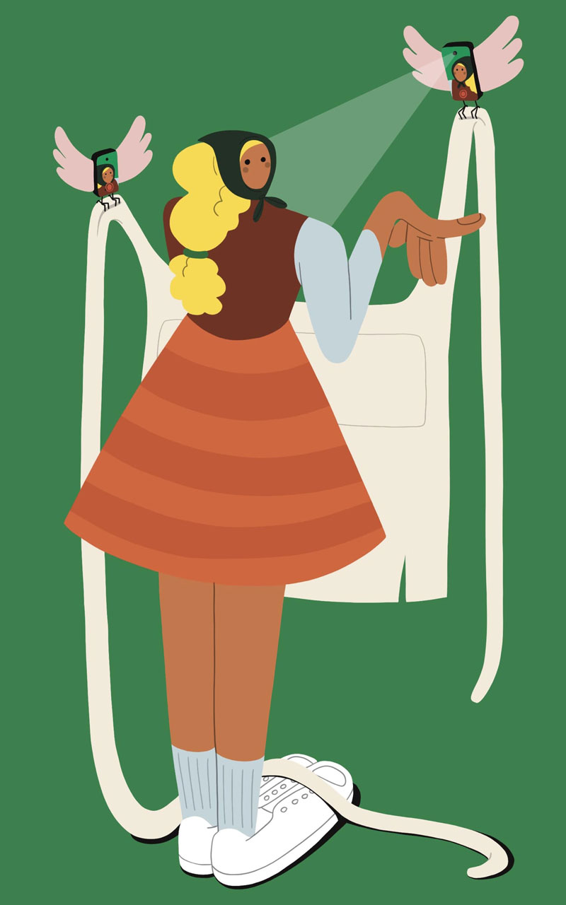 Illustration of woman standing, inspired by a scene in Cinderella, where two cellphones are flying around her like birds filming a TikTok video of her.