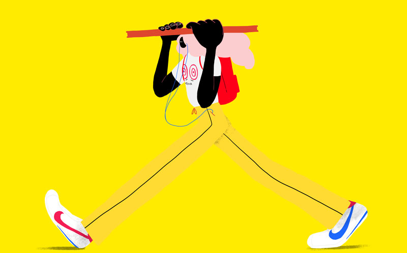 Character walking across the image, wearing a backpack, t-shirt, and pants, holding an oversized book above her head.