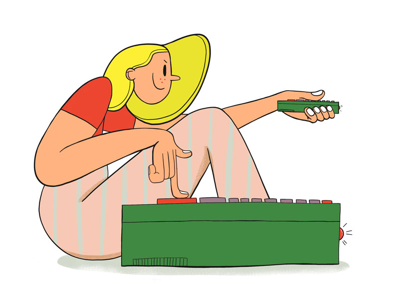 Illustration of woman sitting beside a super-sized remote control, preparing to press it with pointed finger and a crazed look on her face.