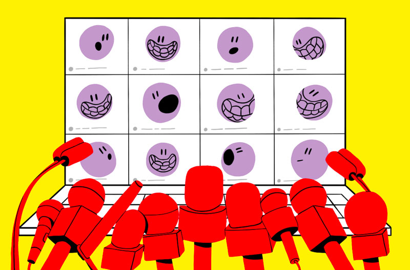 Illustration of a laptop showing a Zoom virtual meeting. Many Press microphones sit infront, pointing toward the screen.