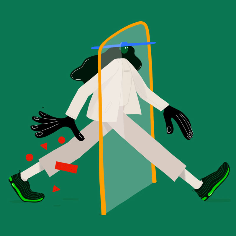 Illustration of woman walking through a door, droping items behind her as though to leave them behind.