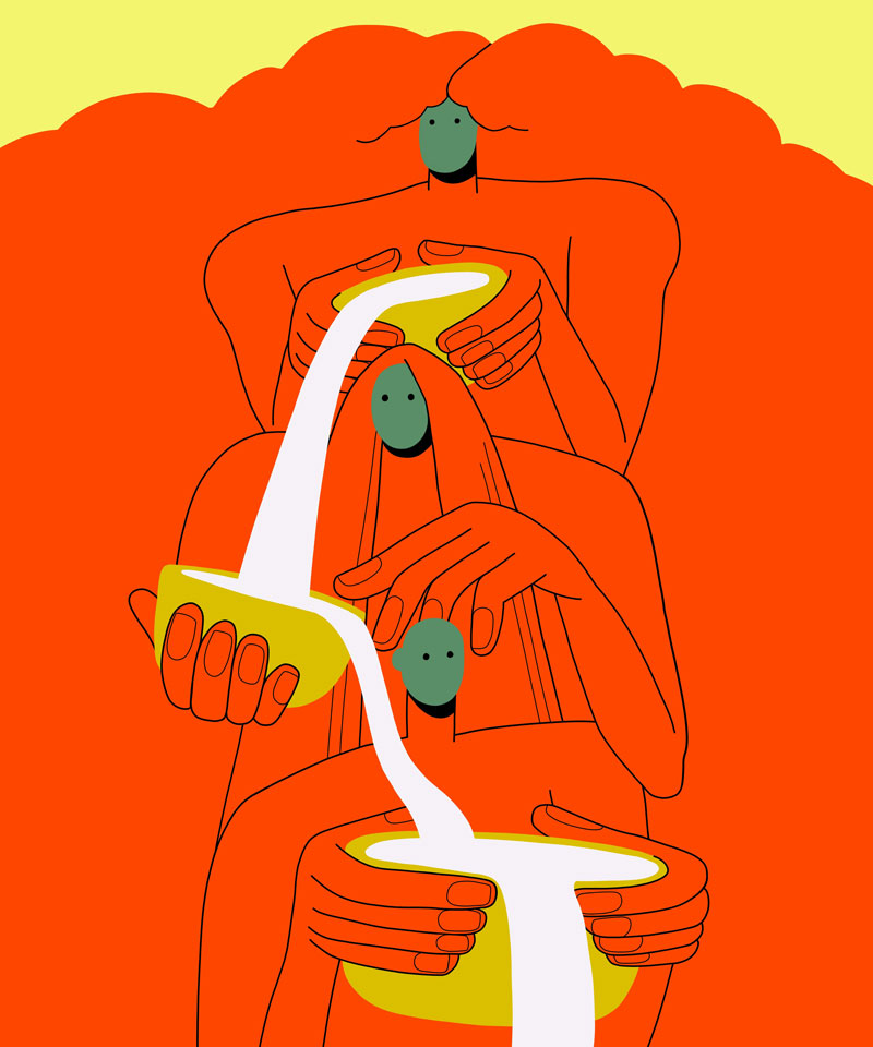 3 People stacked vertially pouring water like a fountain from one person to another.